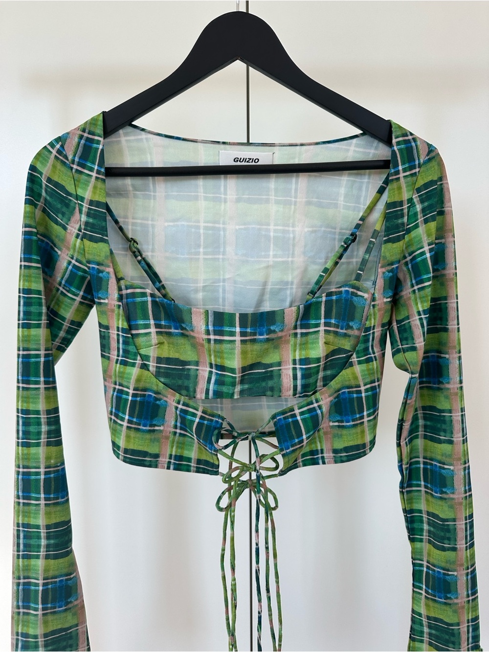 Guizio Plaid Bralette Top + Scoop Tie Cardigan Set in Deep Green